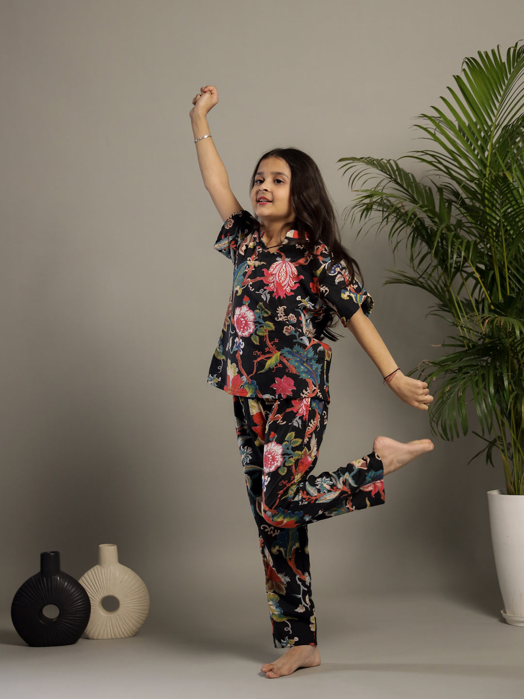 Black Multicolor Floral Printed Night Suit for Kids