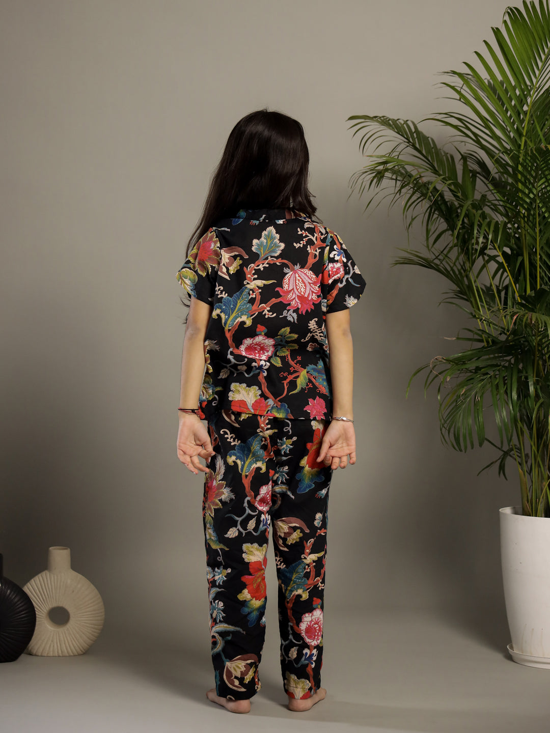Black Multicolor Floral Printed Night Suit for Kids