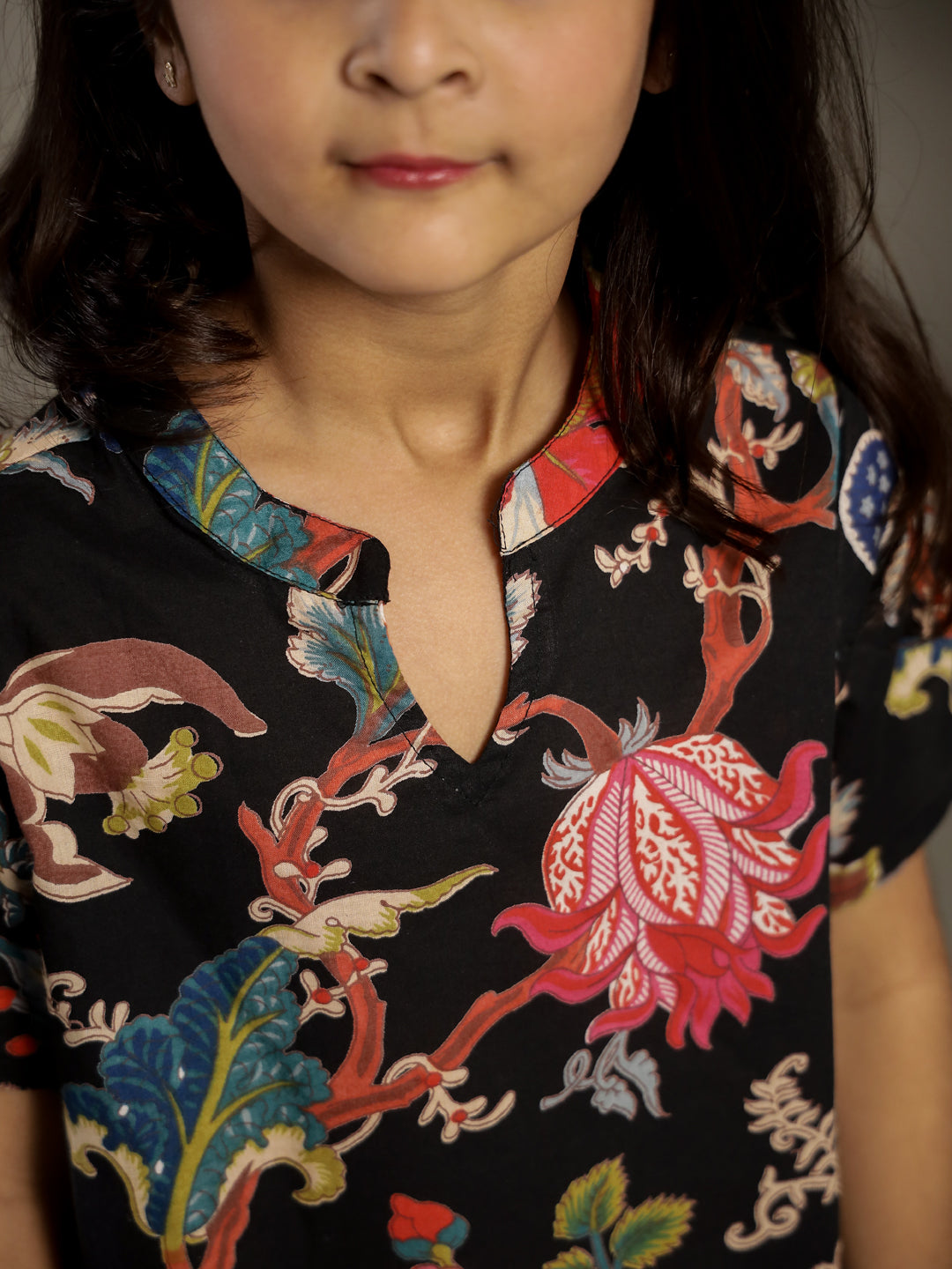 Black Multicolor Floral Printed Night Suit for Kids