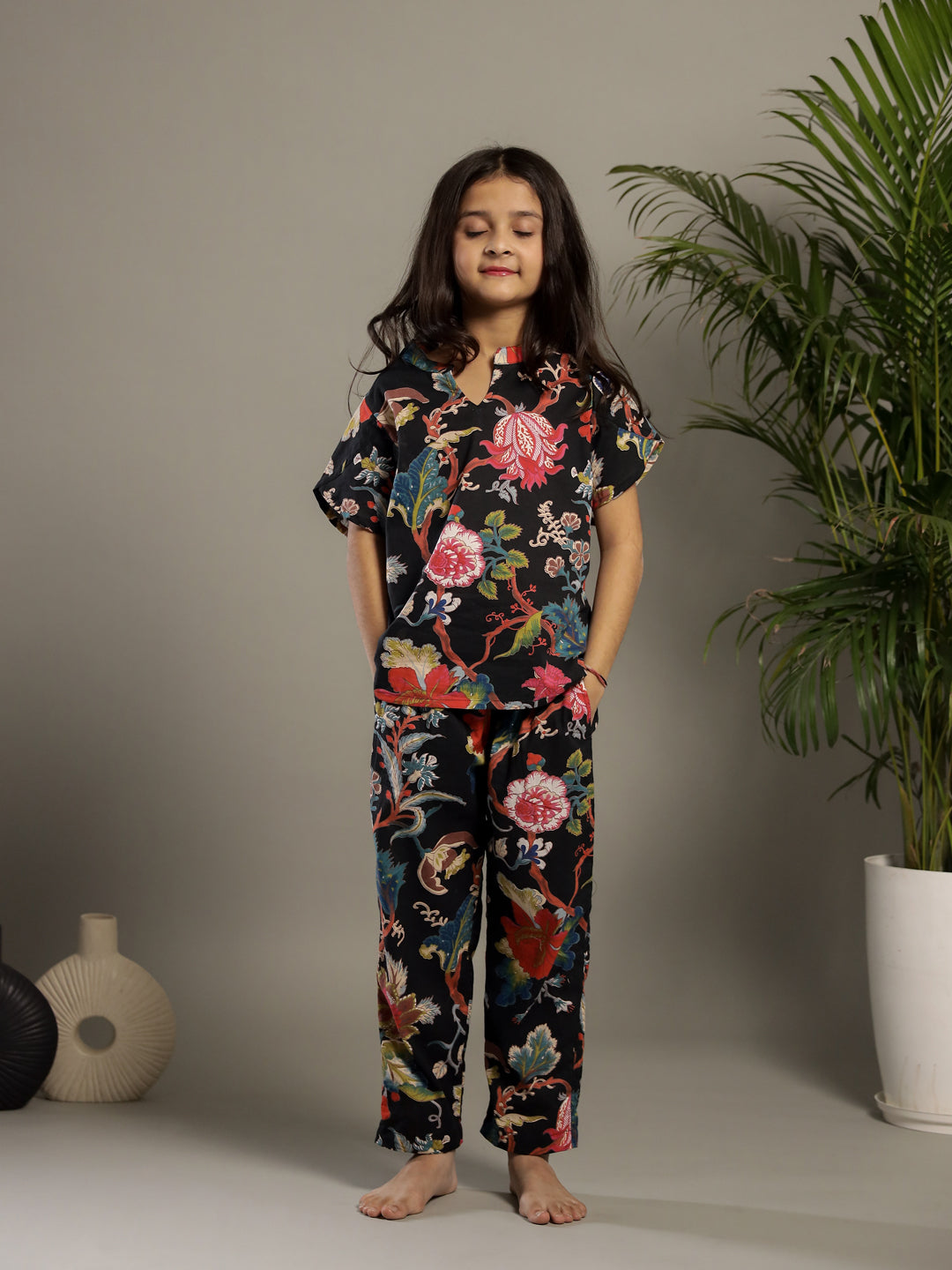 Black Multicolor Floral Printed Night Suit for Kids