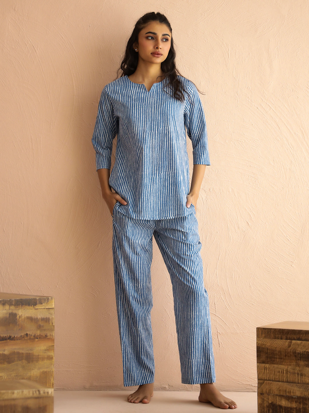 Blue Round Neck Pure Cotton Printed Striped Night Suit For Women