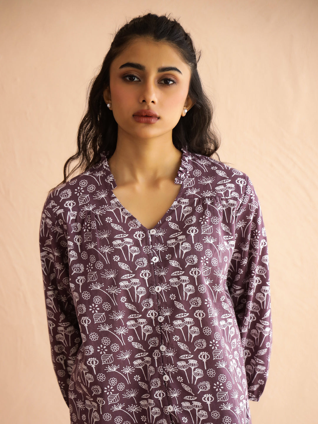 Mauve V-Neck Pure Cotton Printed Floral Night Suit For Women