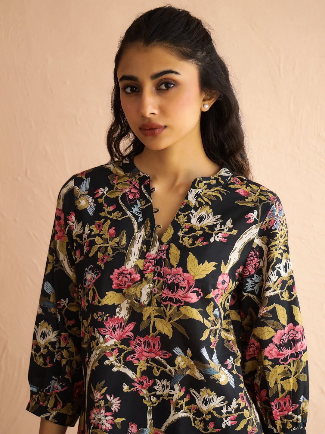 Olive Mandarin Collar Pure Cotton Printed Floral Night Suit For Women