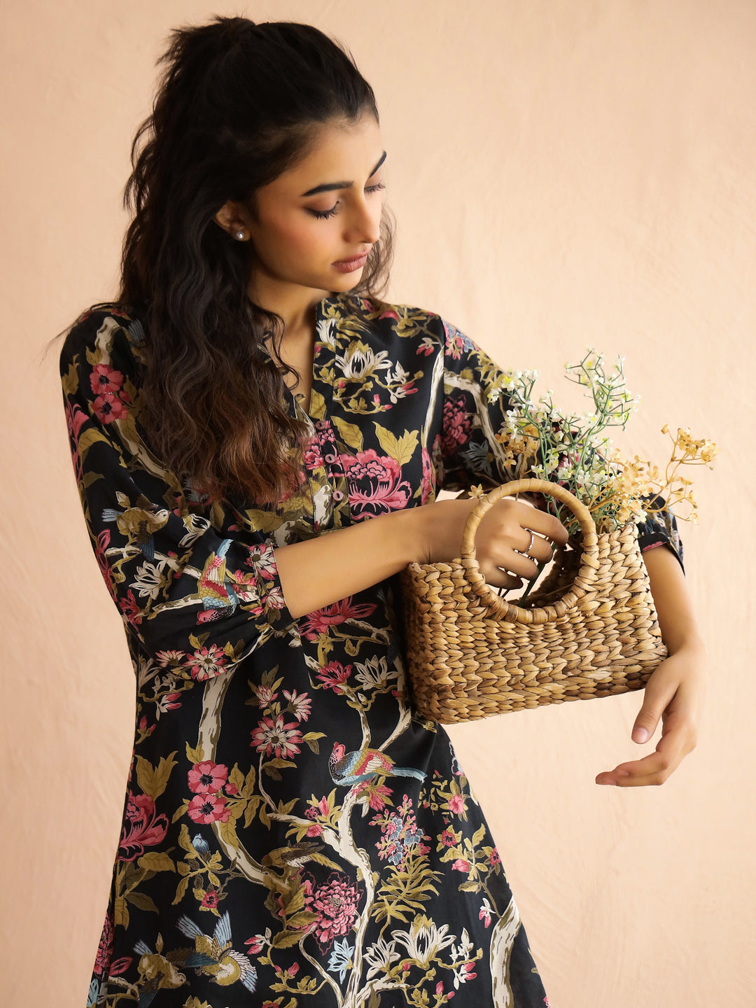 Olive Mandarin Collar Pure Cotton Printed Floral Night Suit For Women