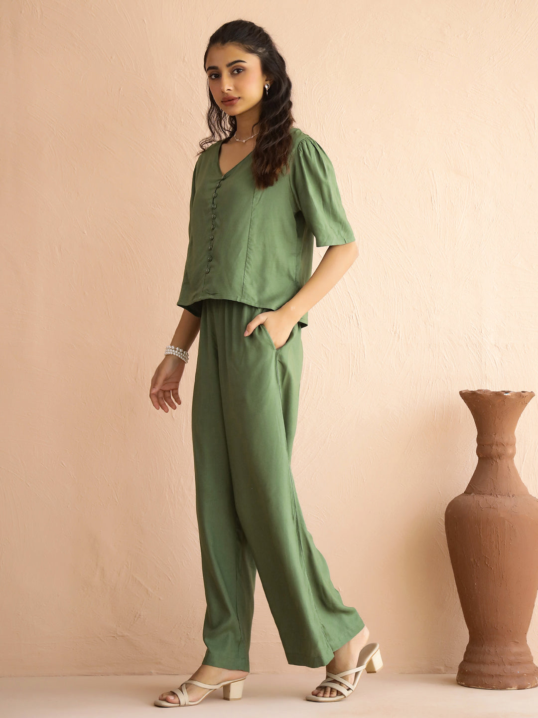 Green V-Neck Viscose Rayon Top Checked Co-ords Set for Women