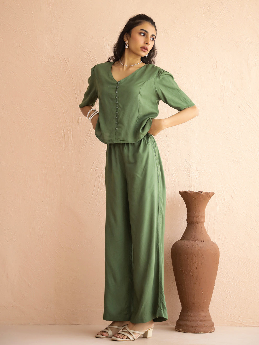 Green V-Neck Viscose Rayon Top Checked Co-ords Set for Women