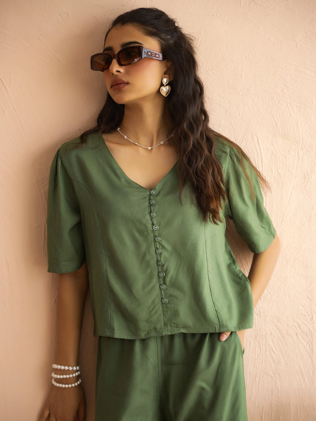 Green V-Neck Viscose Rayon Top Checked Co-ords Set for Women - SanskrutiHomes