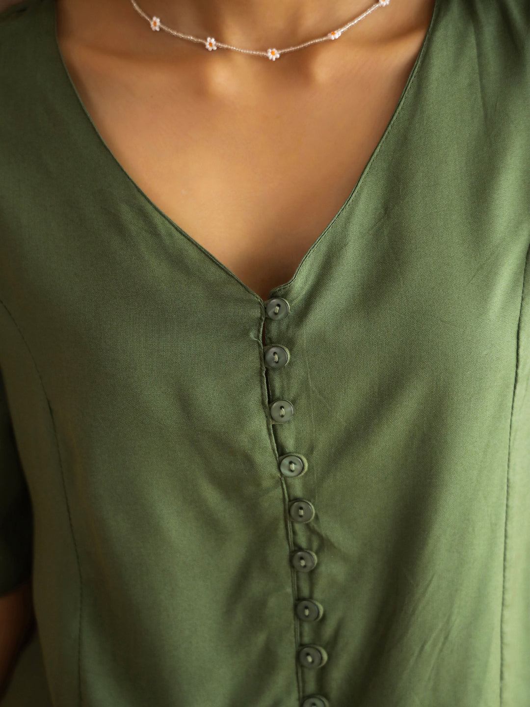 Green V-Neck Viscose Rayon Top Checked Co-ords Set for Women