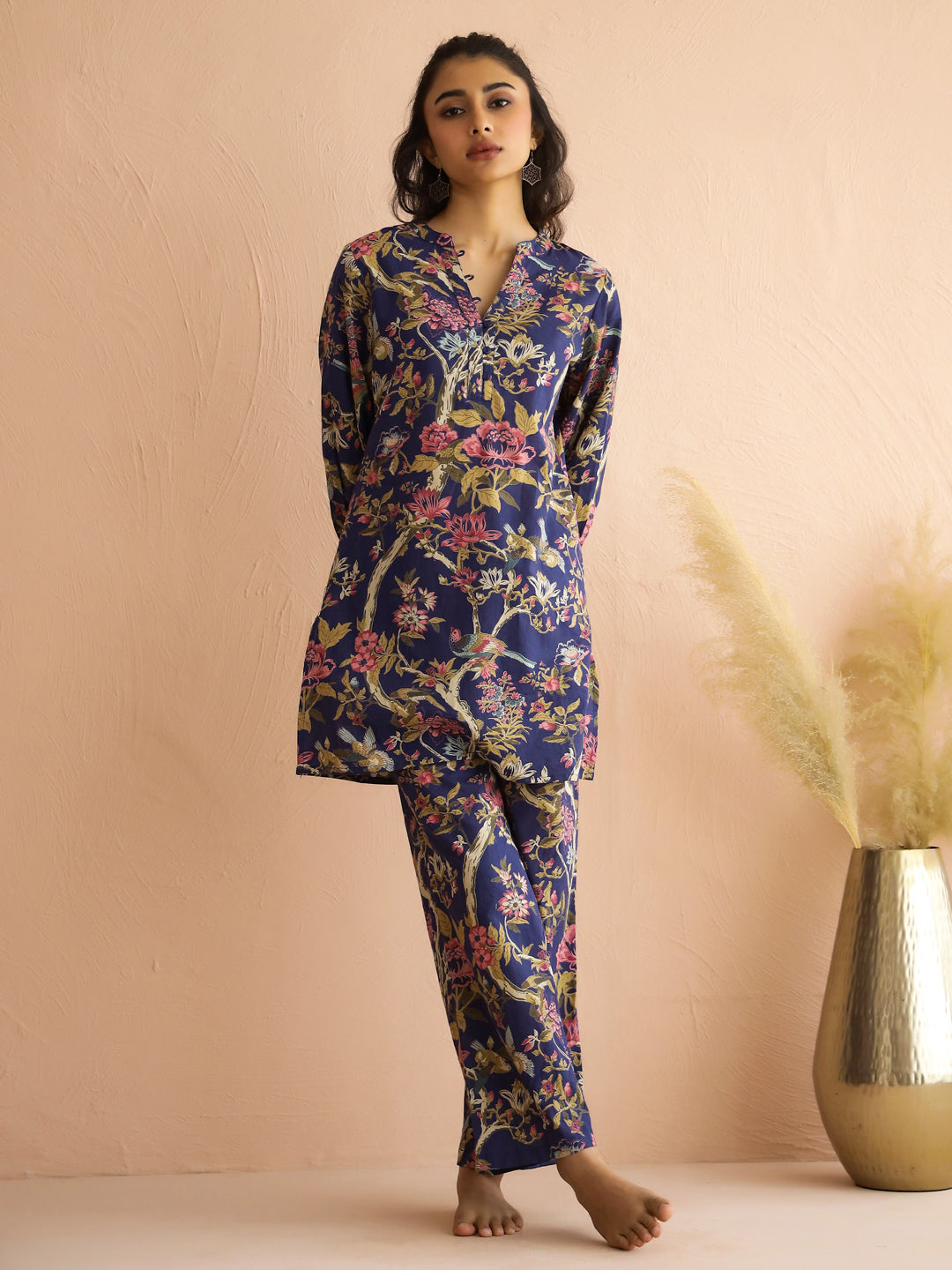 Navy Blue Mandarin Collar Pure Cotton Printed Floral Night Suit For Women