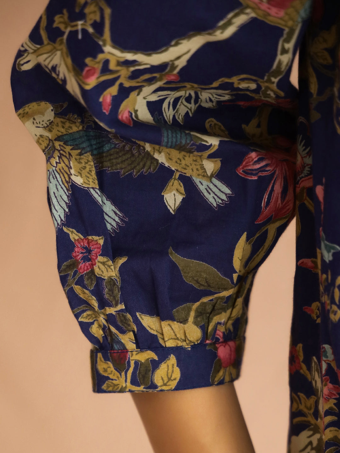 Navy Blue Mandarin Collar Pure Cotton Printed Floral Night Suit For Women