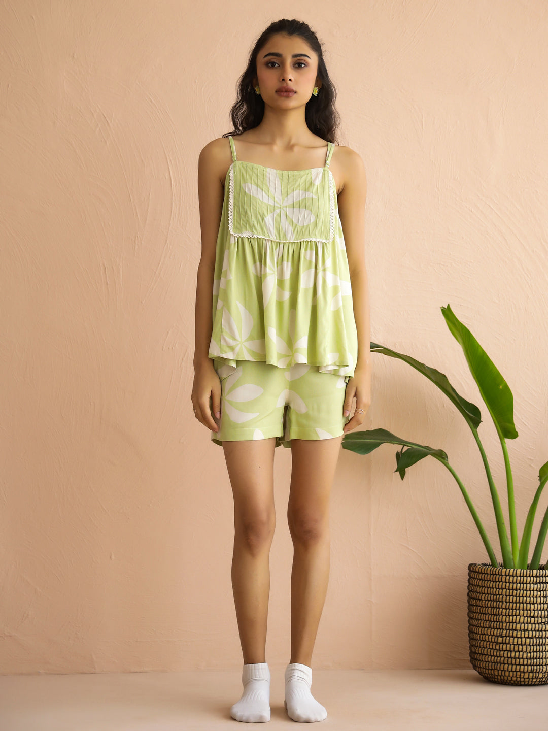 Green Floral Printed Viscous Rayon  Night Suit with Shorts