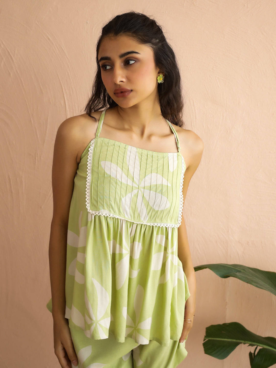 Green Floral Printed Viscous Rayon  Night Suit with Shorts