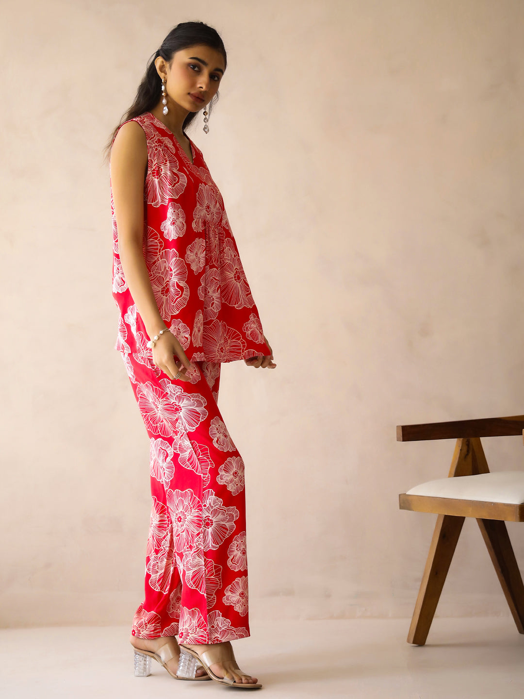 Red V-Neck Viscose Rayon Printed Floral Night Suit For Women