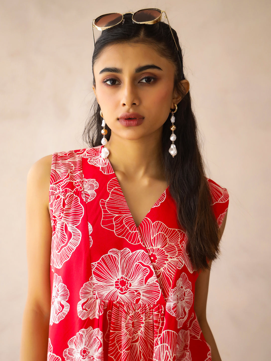 Red V-Neck Viscose Rayon Printed Floral Night Suit For Women