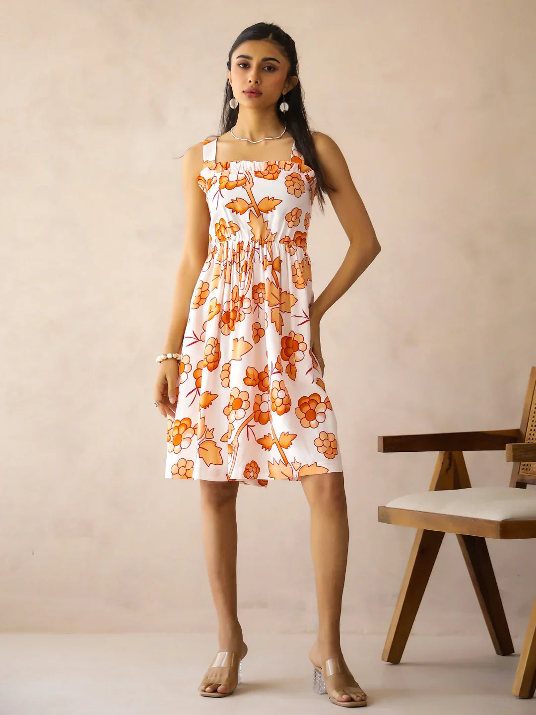 White Viscose Rayon Printed Square Neck Dress for Women - SanskrutiHomes