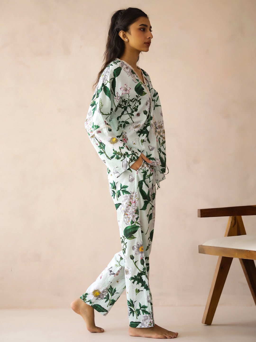 Blue V-Neck Pure Cotton Top Printed Co-ords Set for Women