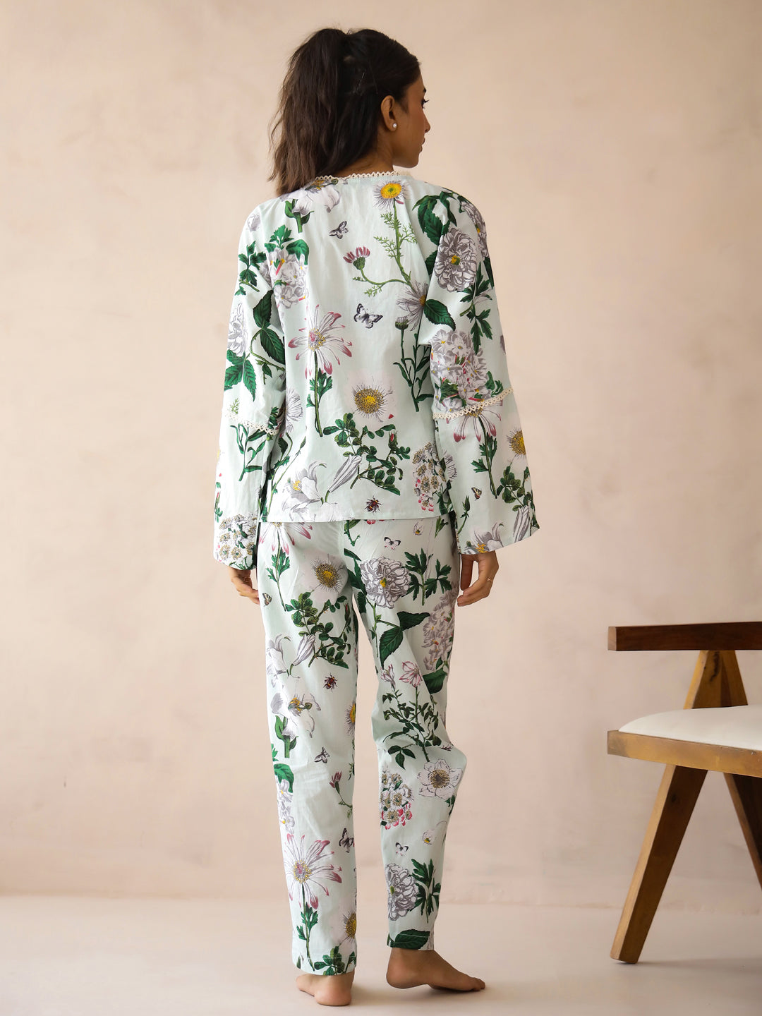 Blue V-Neck Pure Cotton Top Printed Co-ords Set for Women