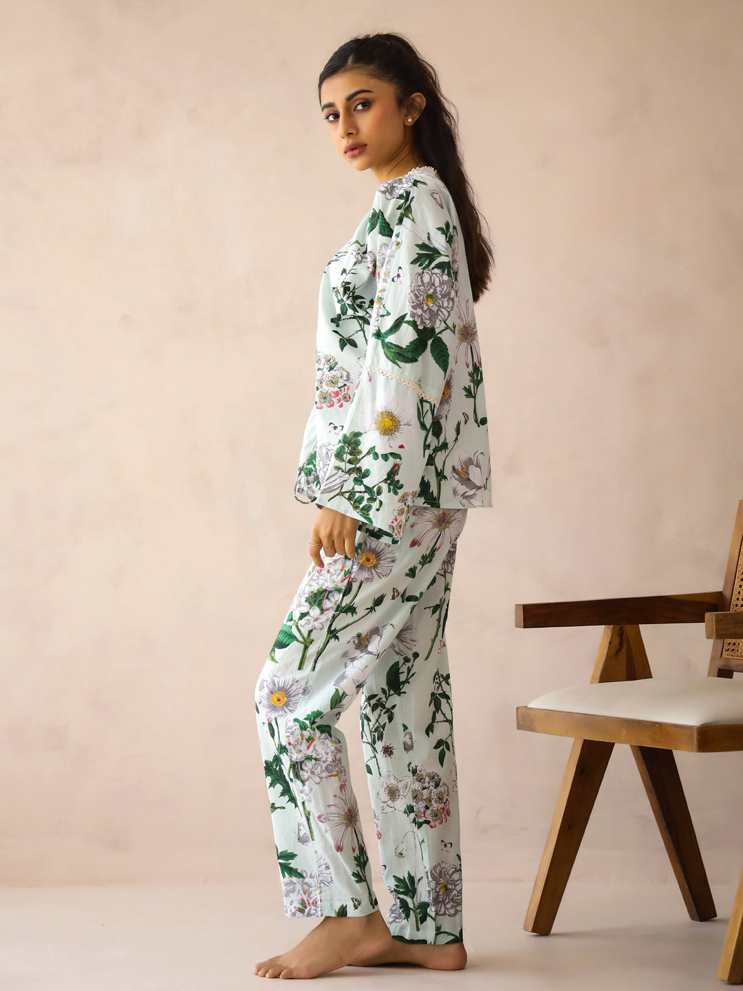 Blue V-Neck Pure Cotton Top Printed Co-ords Set for Women