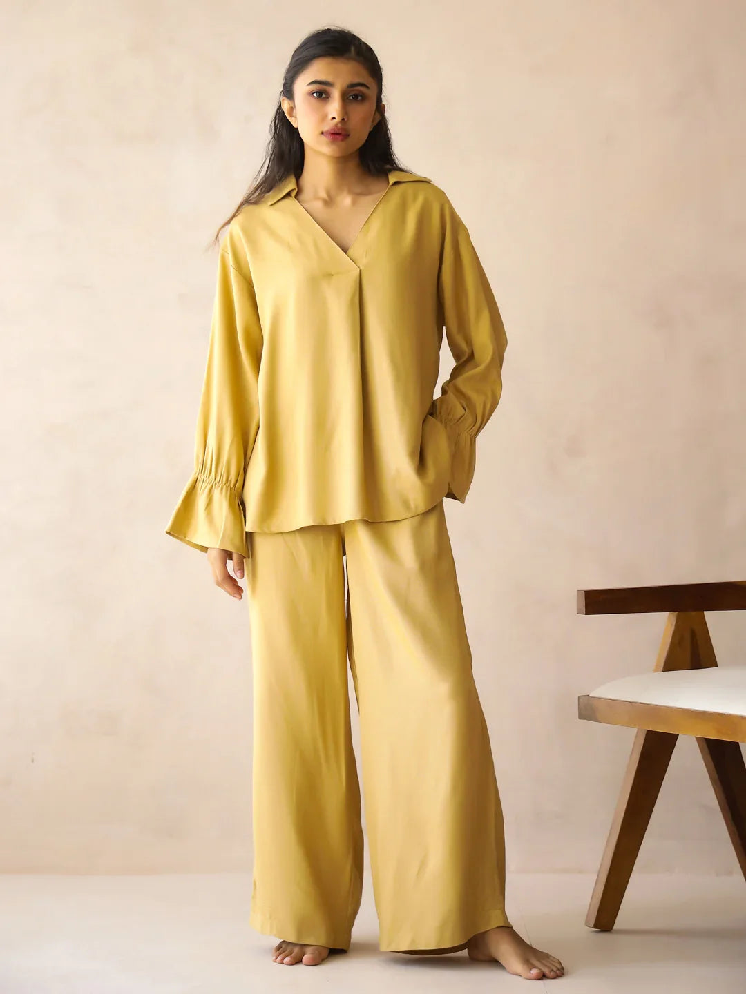 Yellow Solid V-Neck Pure Cotton Co-Ord Set for Women - SanskrutiHomes