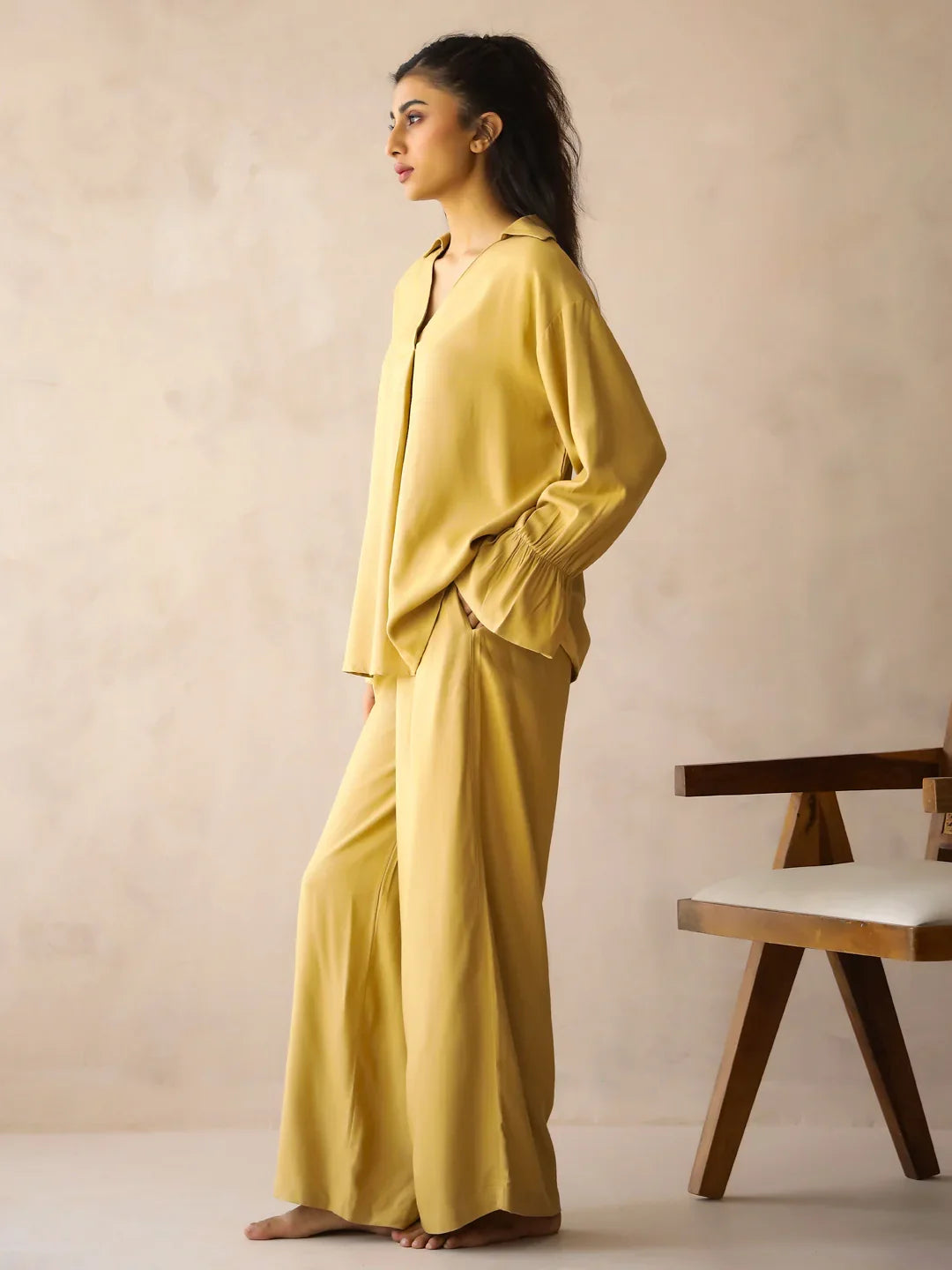 Yellow Solid V-Neck Pure Cotton Co-Ord Set for Women - SanskrutiHomes