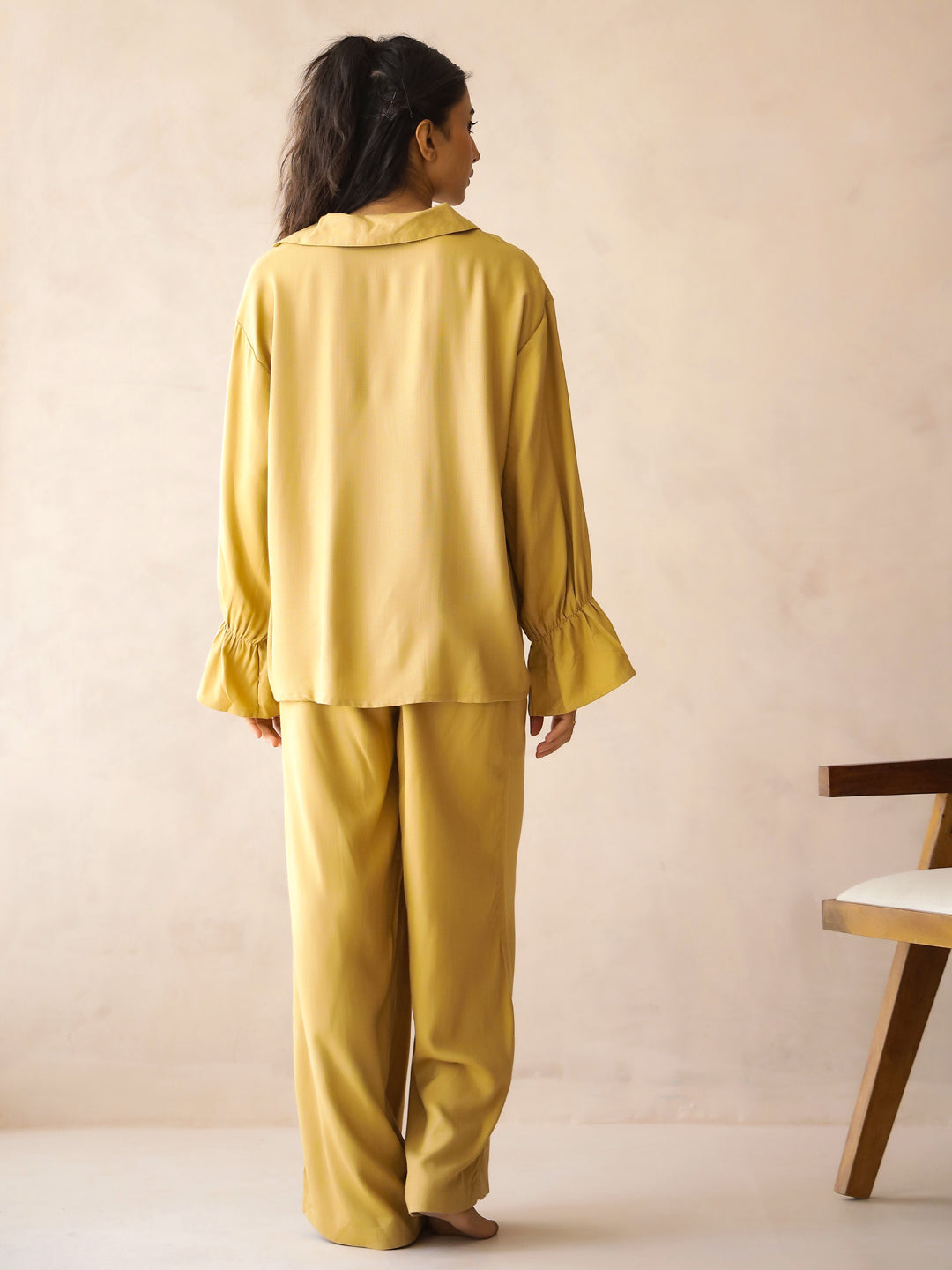 Yellow Solid V-Neck Pure Cotton Co-Ord Set for Women