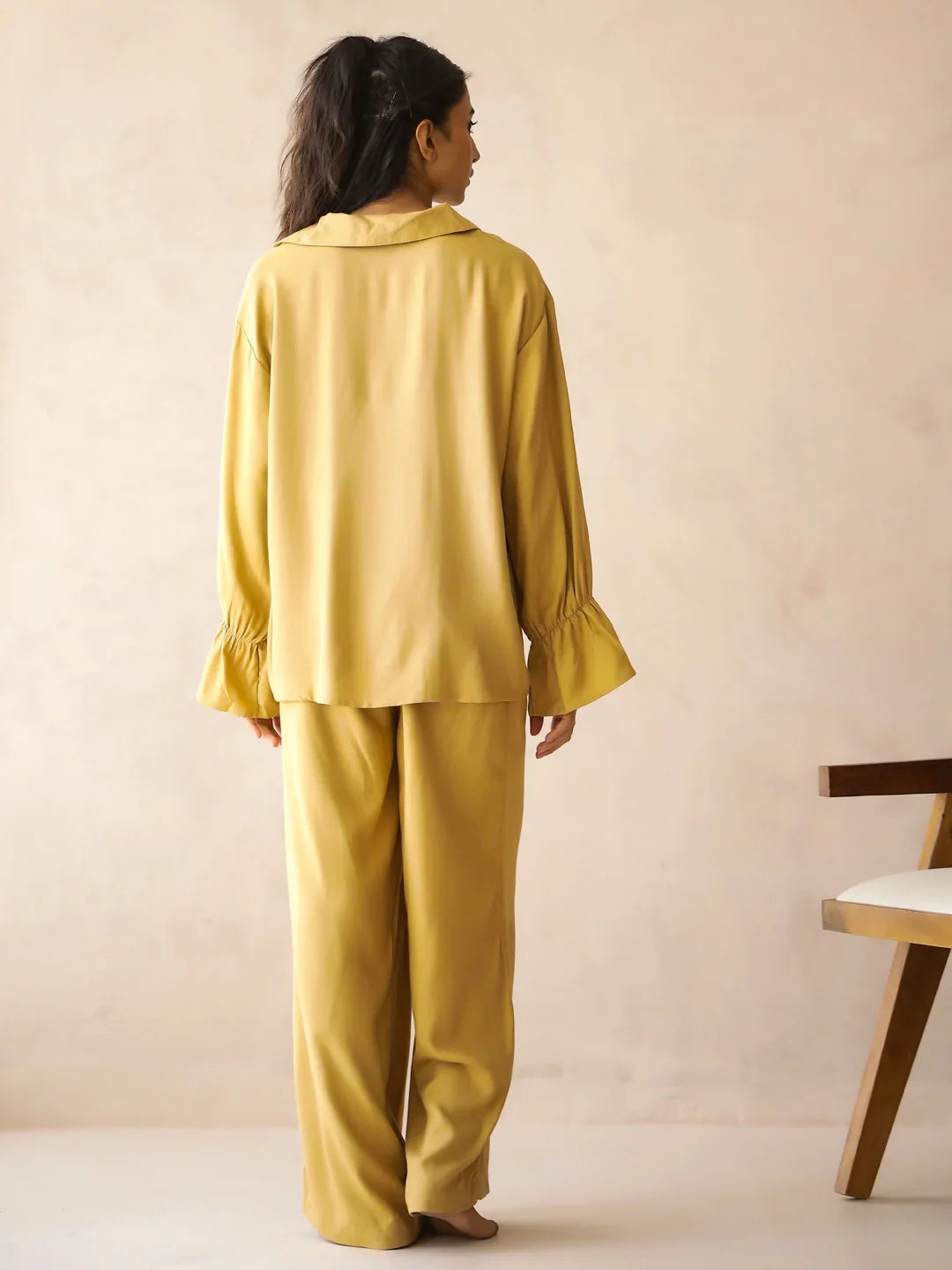 Yellow Solid V-Neck Pure Cotton Co-Ord Set for Women - SanskrutiHomes