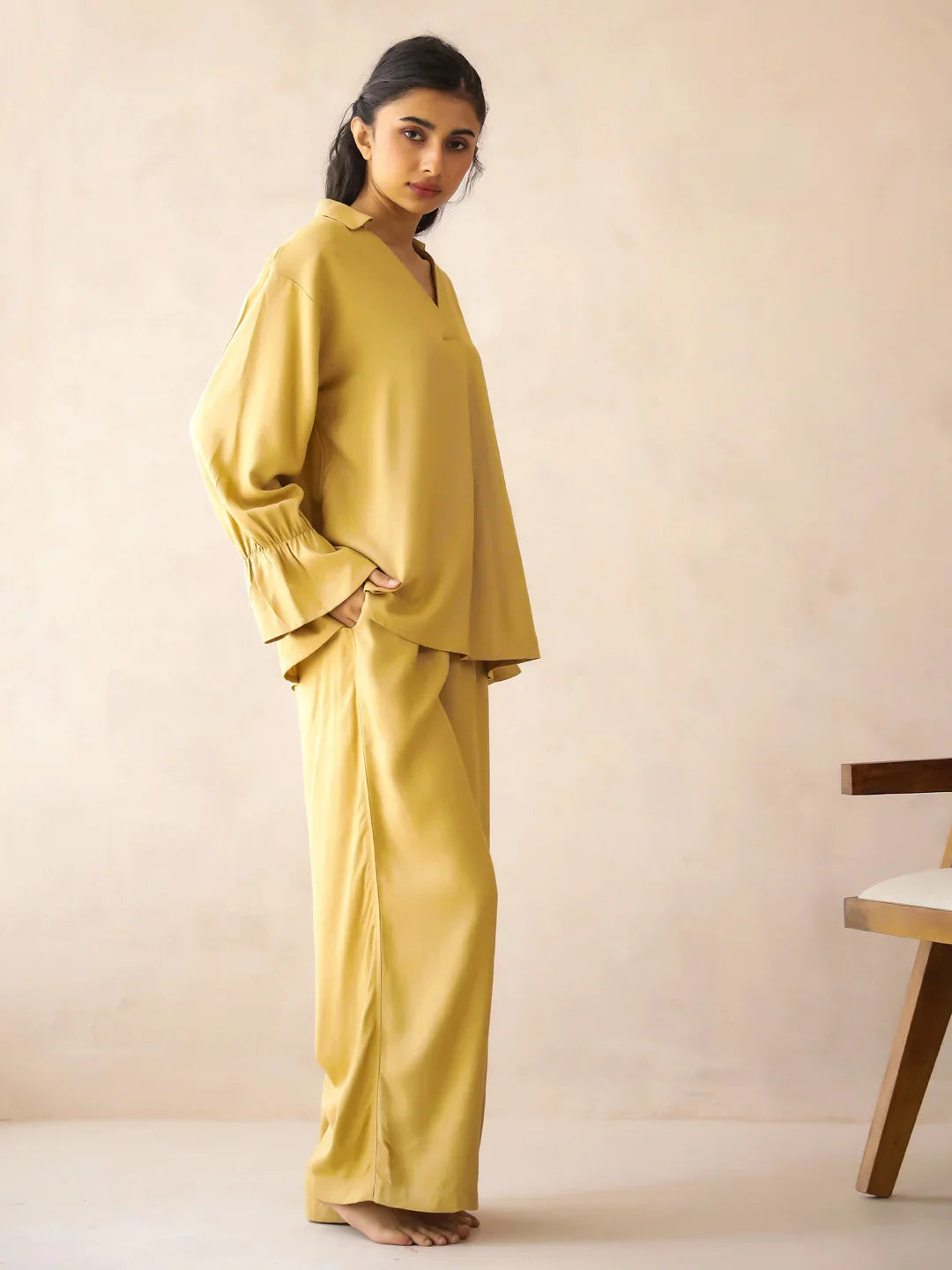 Yellow Solid V-Neck Pure Cotton Co-Ord Set for Women - SanskrutiHomes