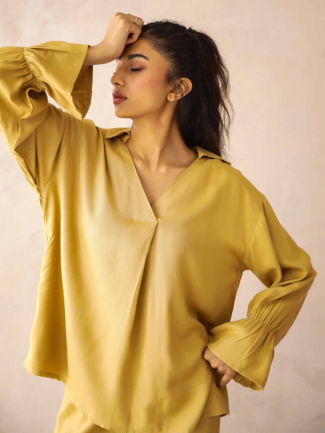 Yellow Solid V-Neck Pure Cotton Co-Ord Set for Women