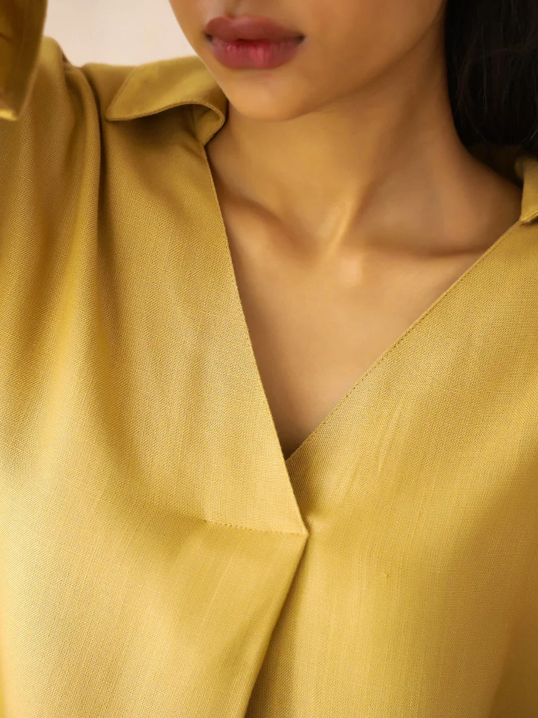 Yellow Solid V-Neck Pure Cotton Co-Ord Set for Women - SanskrutiHomes