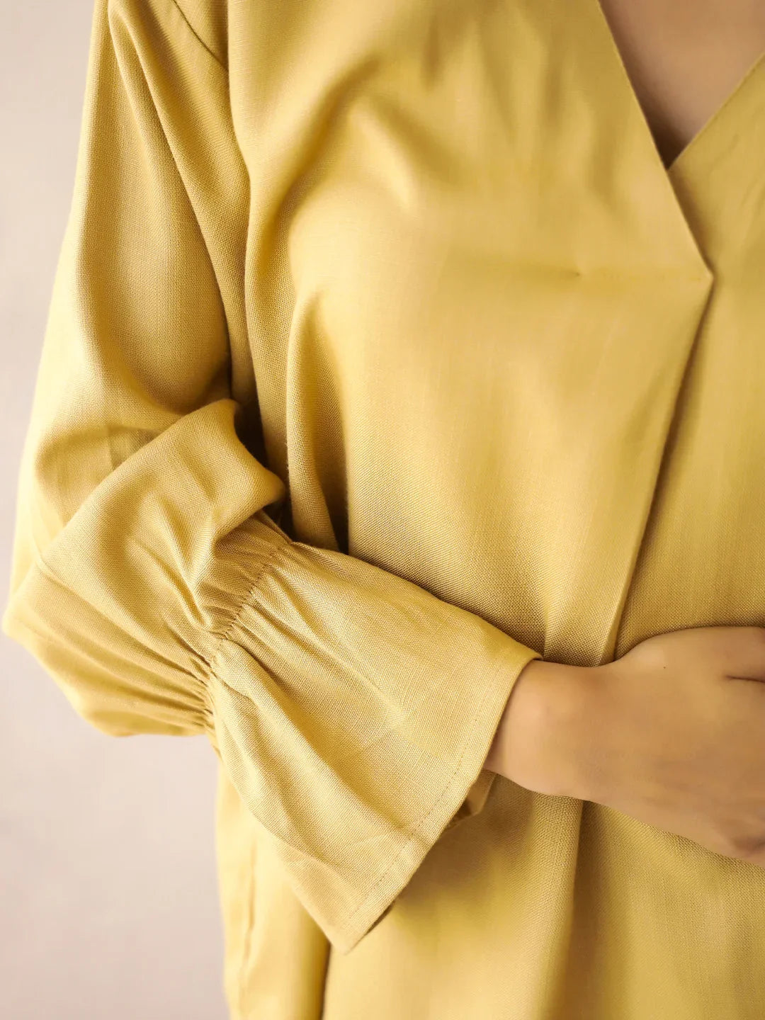 Yellow Solid V-Neck Pure Cotton Co-Ord Set for Women - SanskrutiHomes