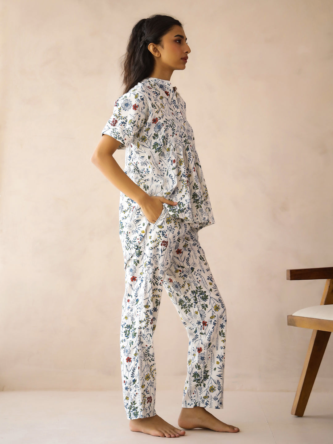 White Mandarin Collar Pure Cotton Top Printed Co-Ords Set For Women