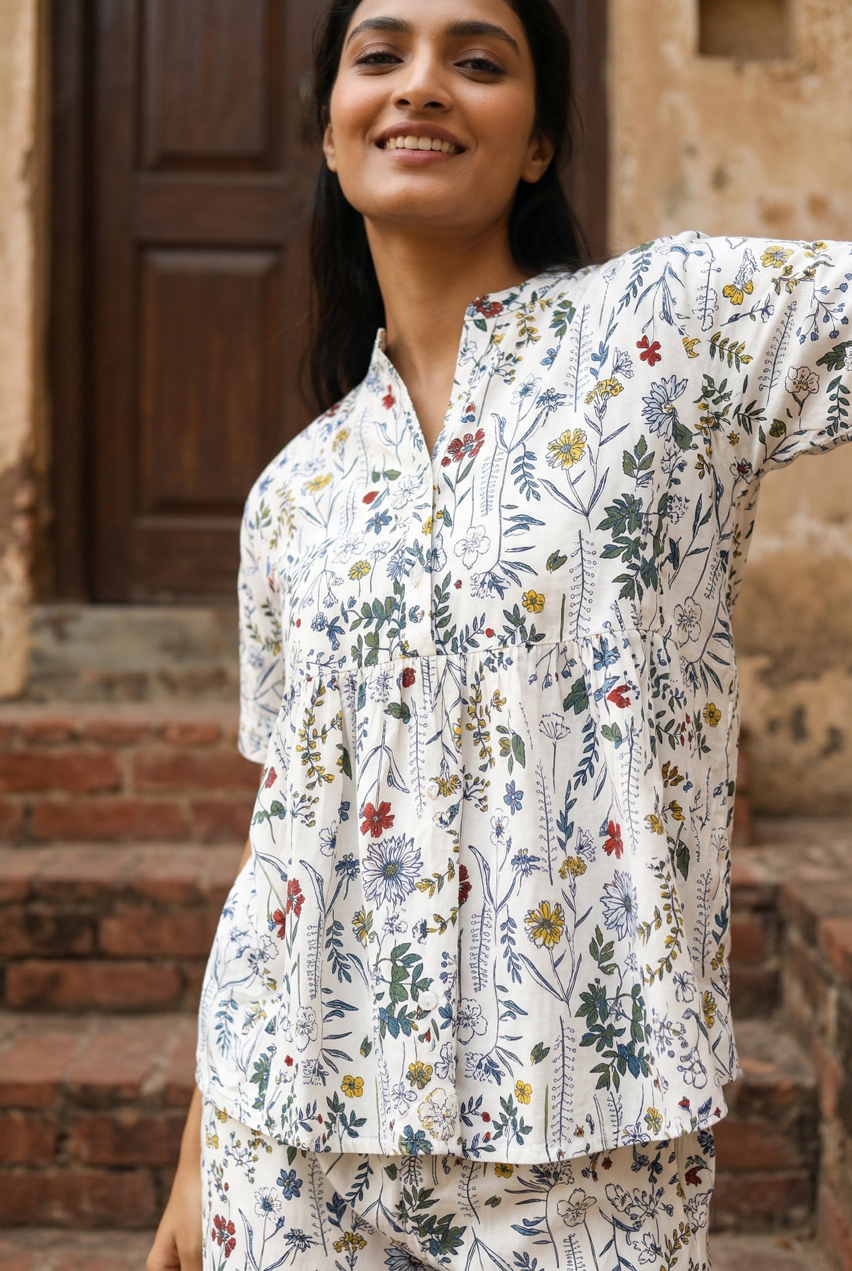 White Mandarin Collar Pure Cotton Top Printed Co-Ords Set For Women
