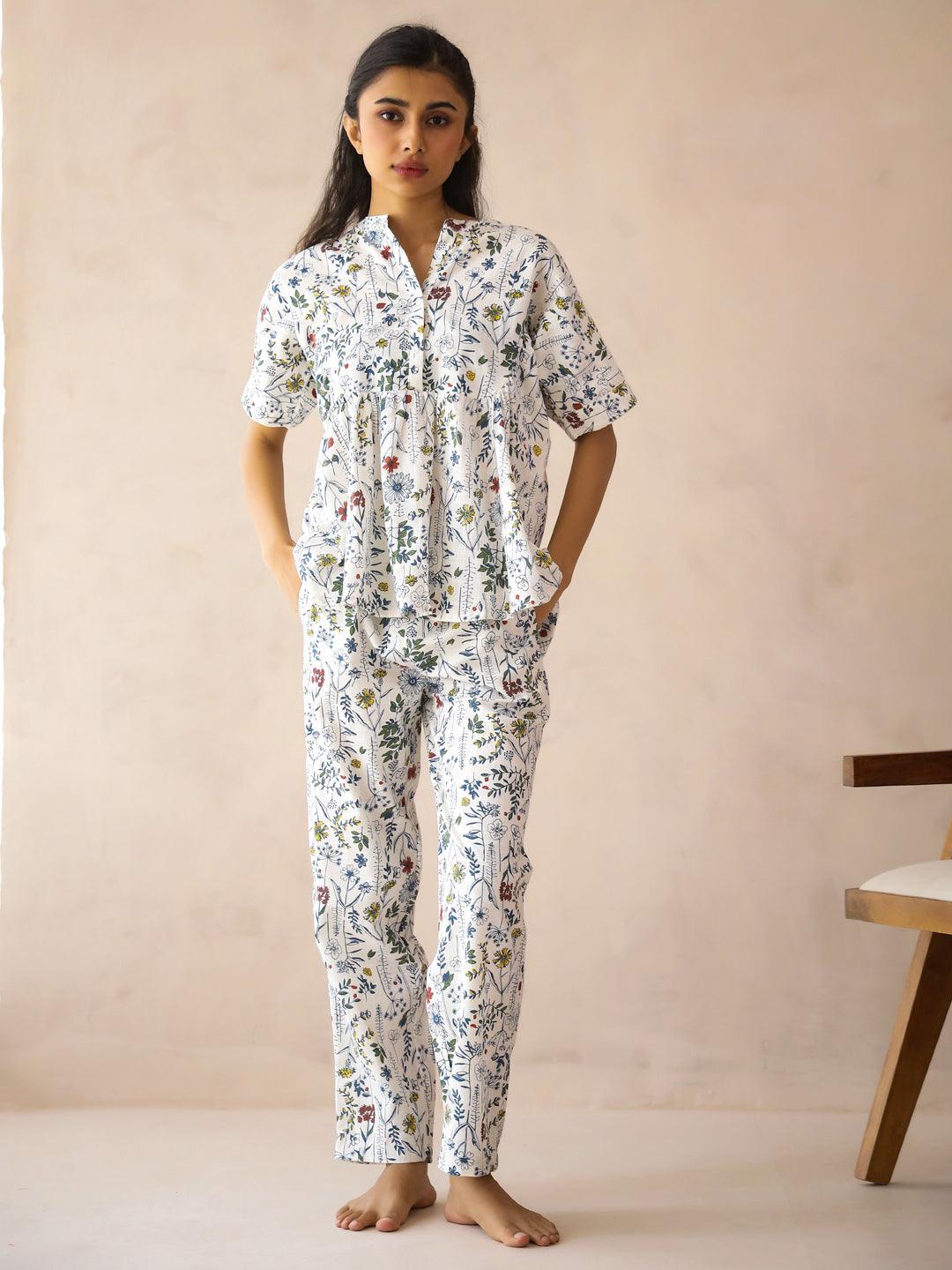 White Mandarin Collar Pure Cotton Top Printed Co-Ords Set For Women