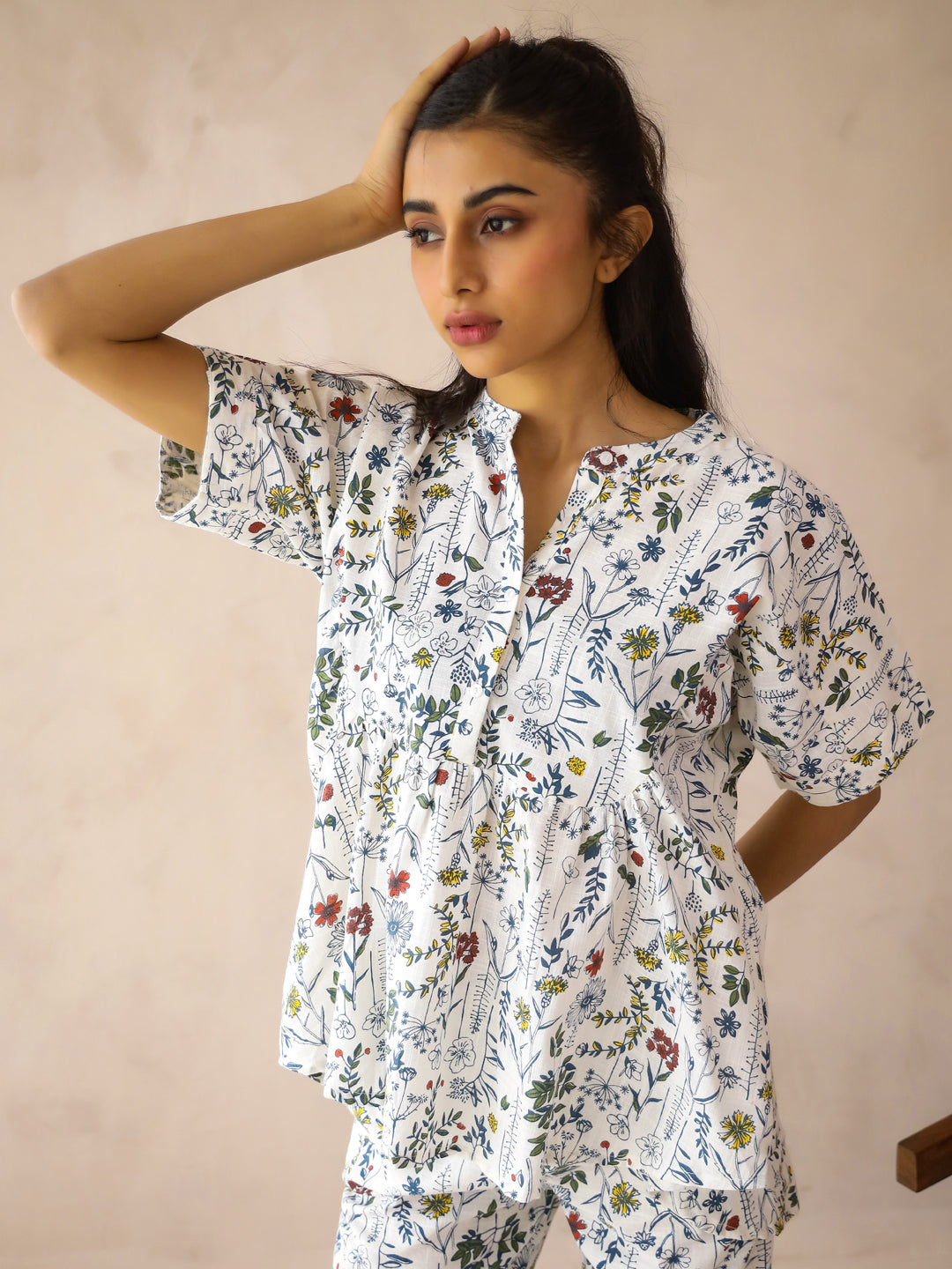 White Mandarin Collar Pure Cotton Top Printed Co-Ords Set For Women