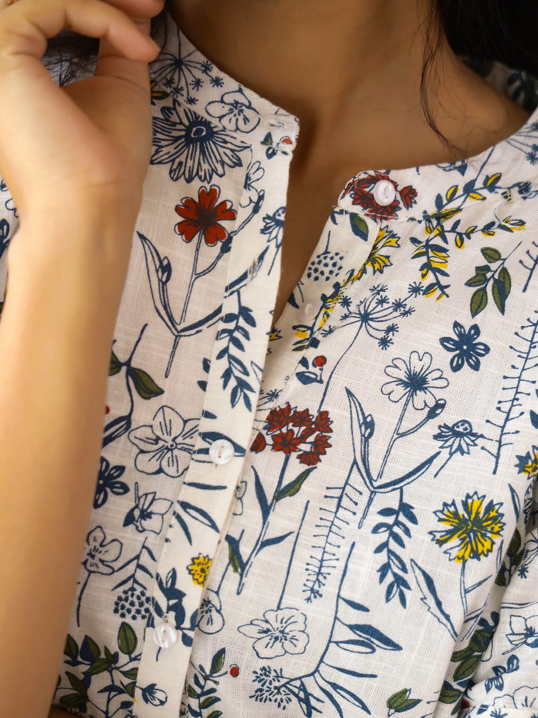 White Mandarin Collar Pure Cotton Top Printed Co-Ords Set For Women