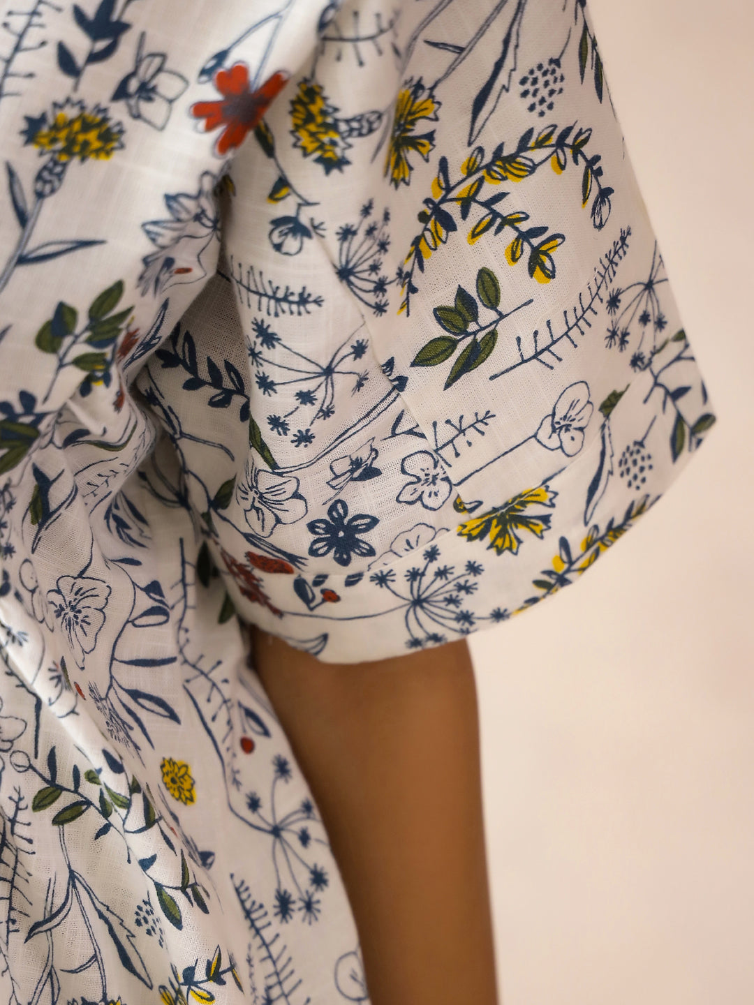 White Mandarin Collar Pure Cotton Top Printed Co-Ords Set For Women