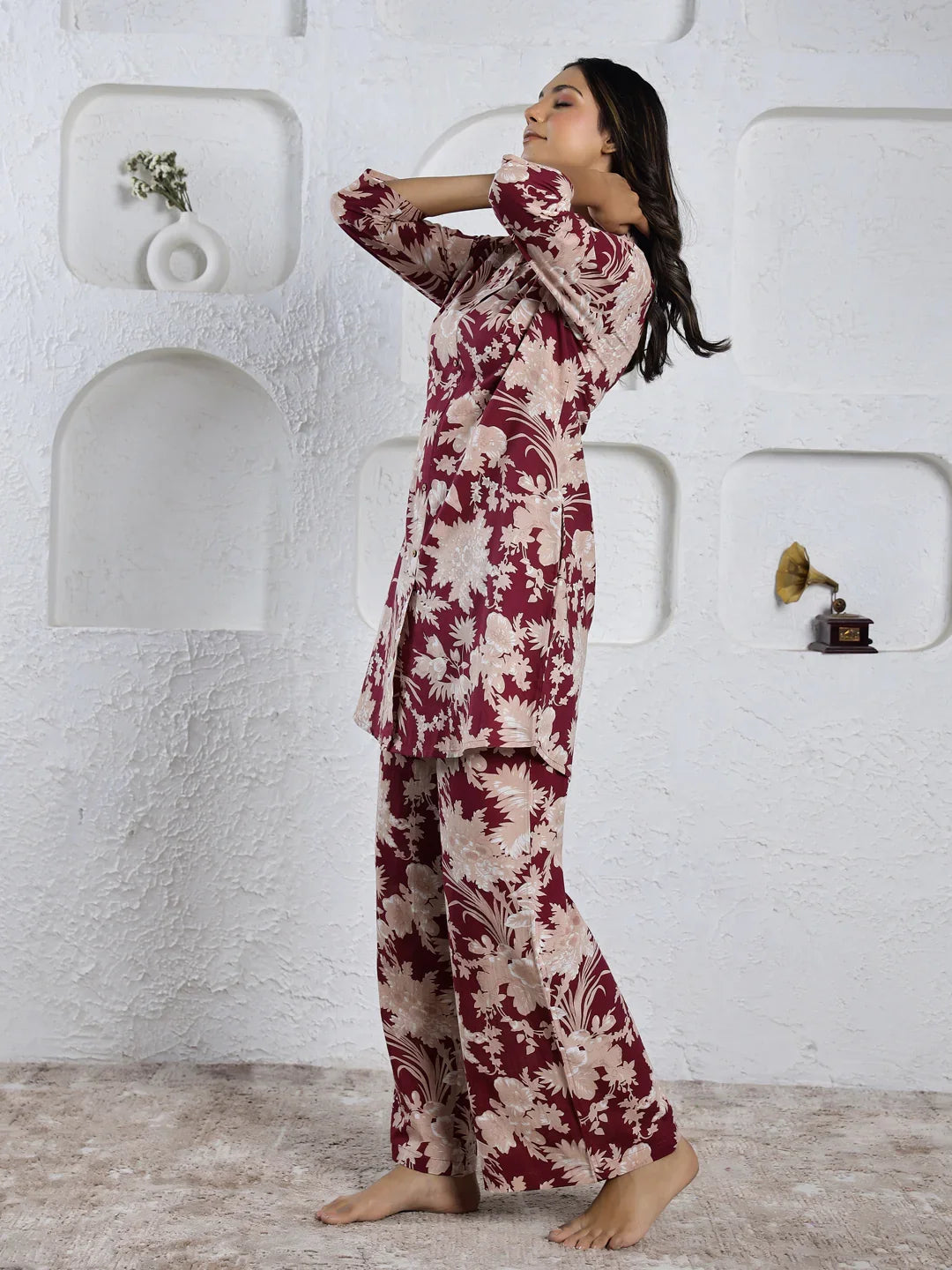 MAROON Red Printed cotton co-ord set - SanskrutiHomes