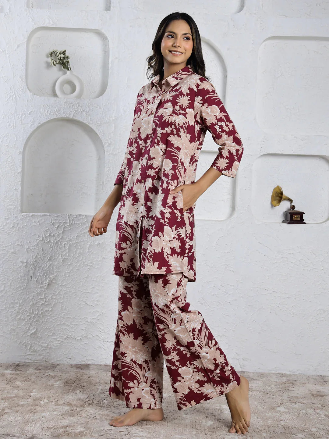 MAROON Red Printed cotton co-ord set - SanskrutiHomes