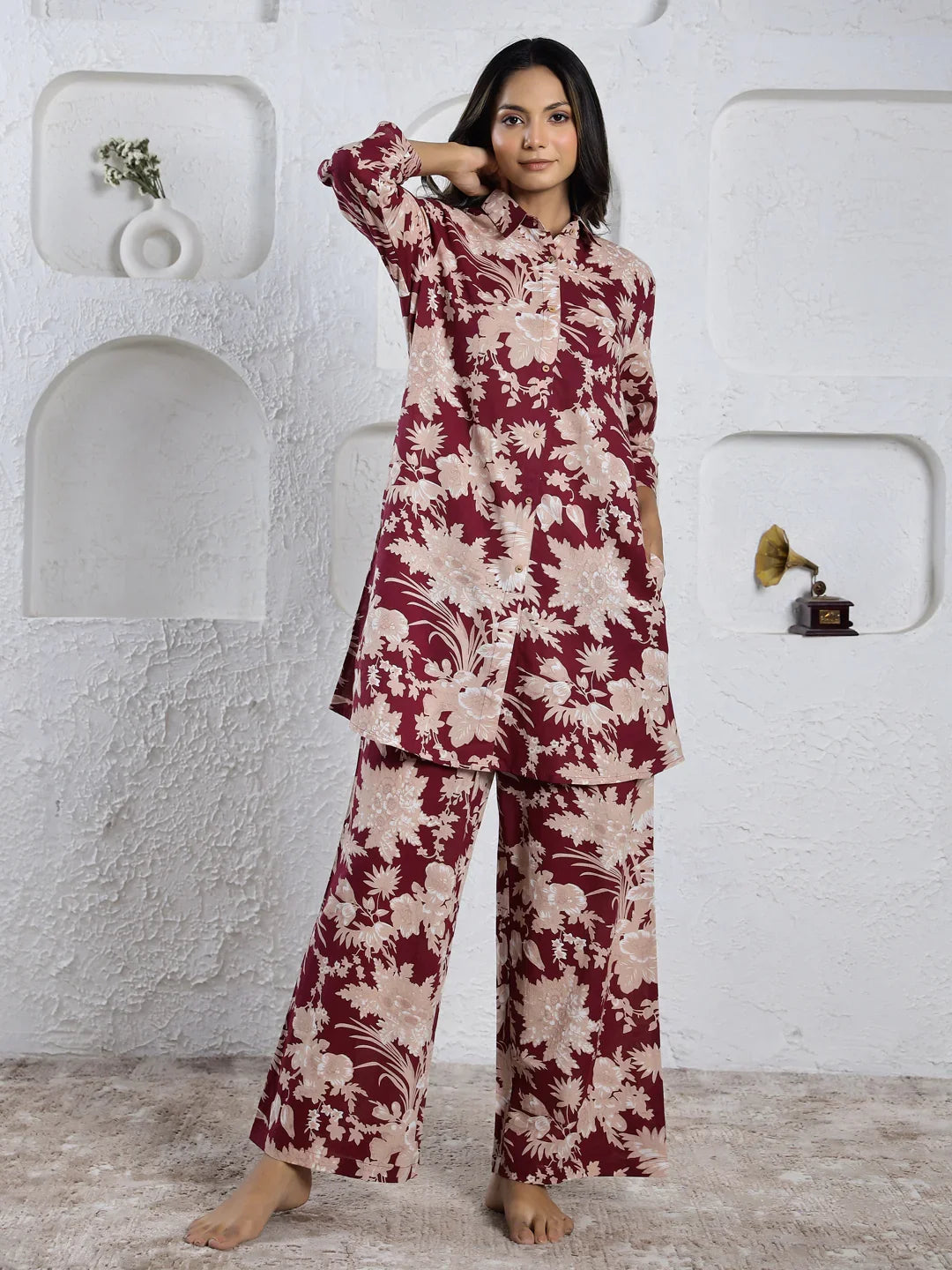 MAROON Red Printed cotton co-ord set - SanskrutiHomes