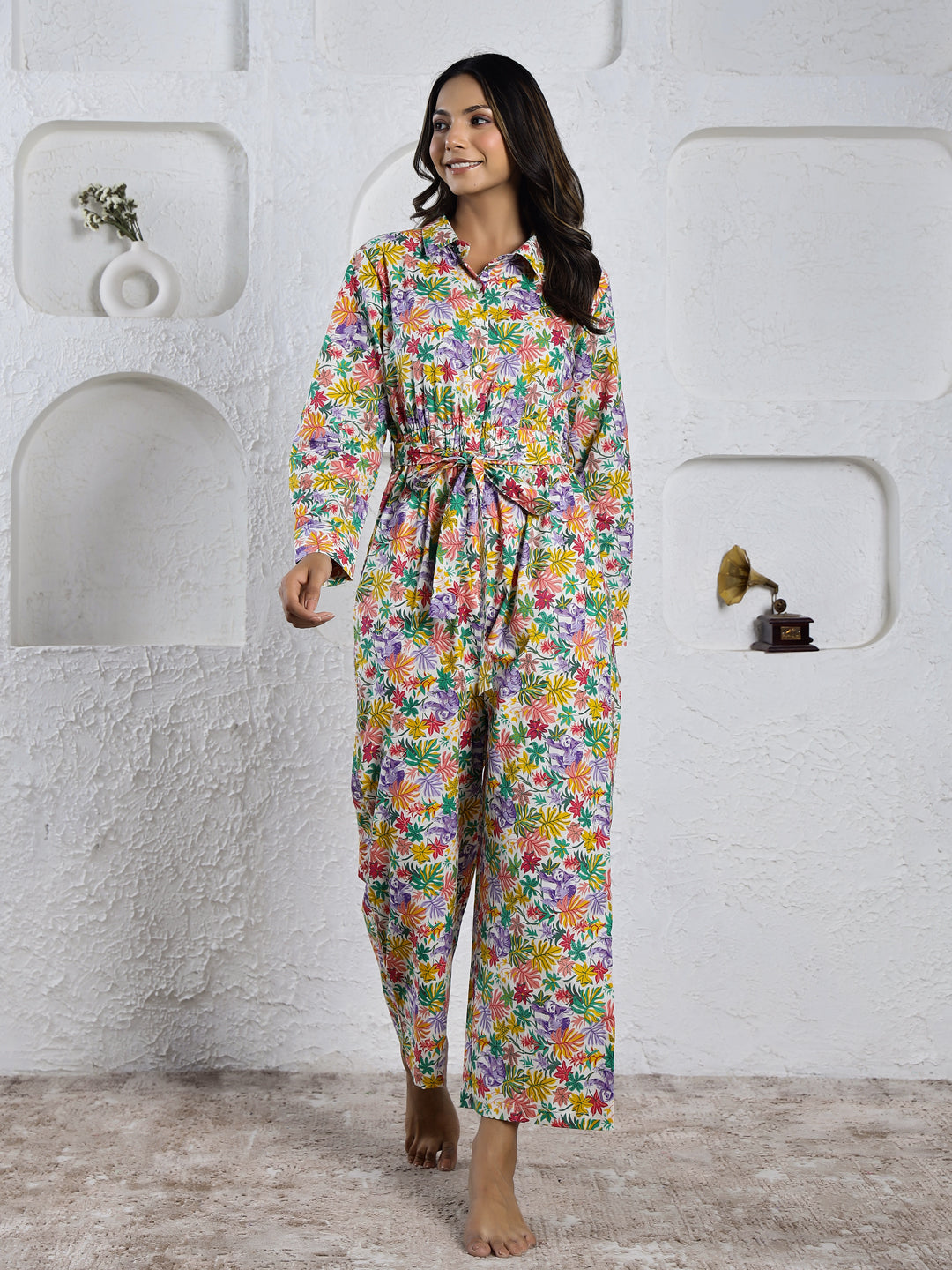 Multi-Color Shirt Collar Floral Print Pure Cotton Jumpsuit For Women
