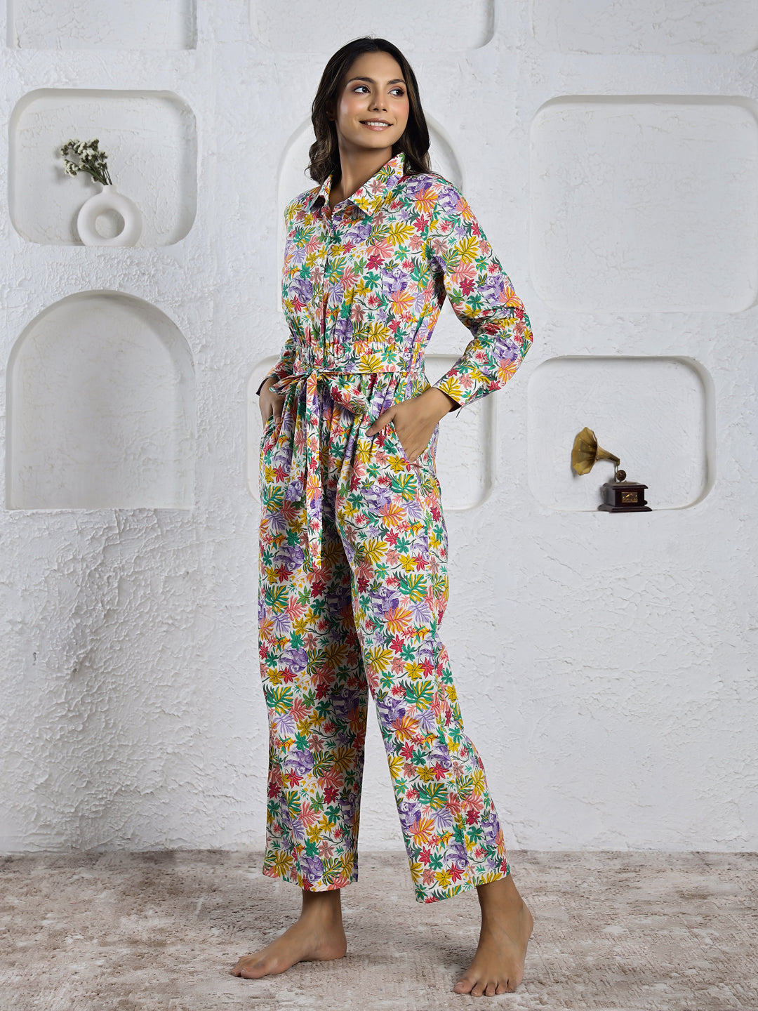 Multi-Color Shirt Collar Floral Print Pure Cotton Jumpsuit For Women