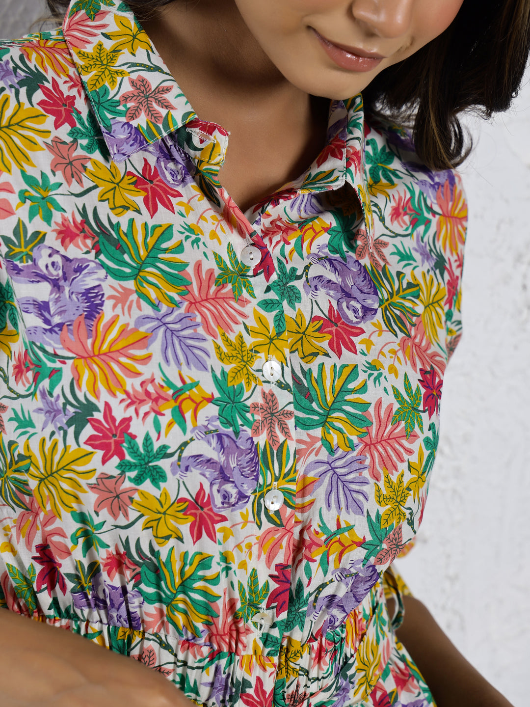 Multi-Color Shirt Collar Floral Print Pure Cotton Jumpsuit For Women