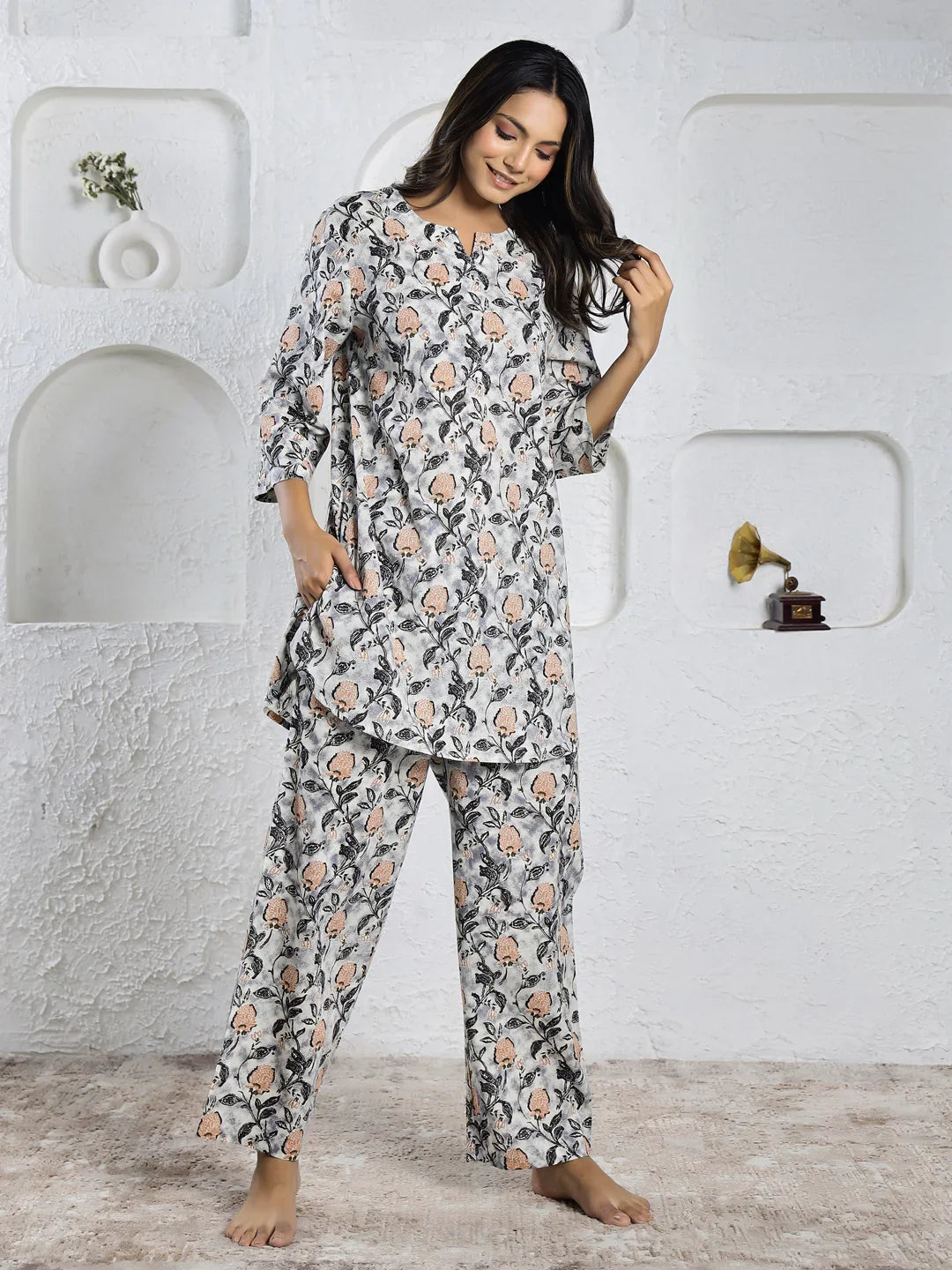 Grey Cotton Floral print Night Suit set for Women - SanskrutiHomes
