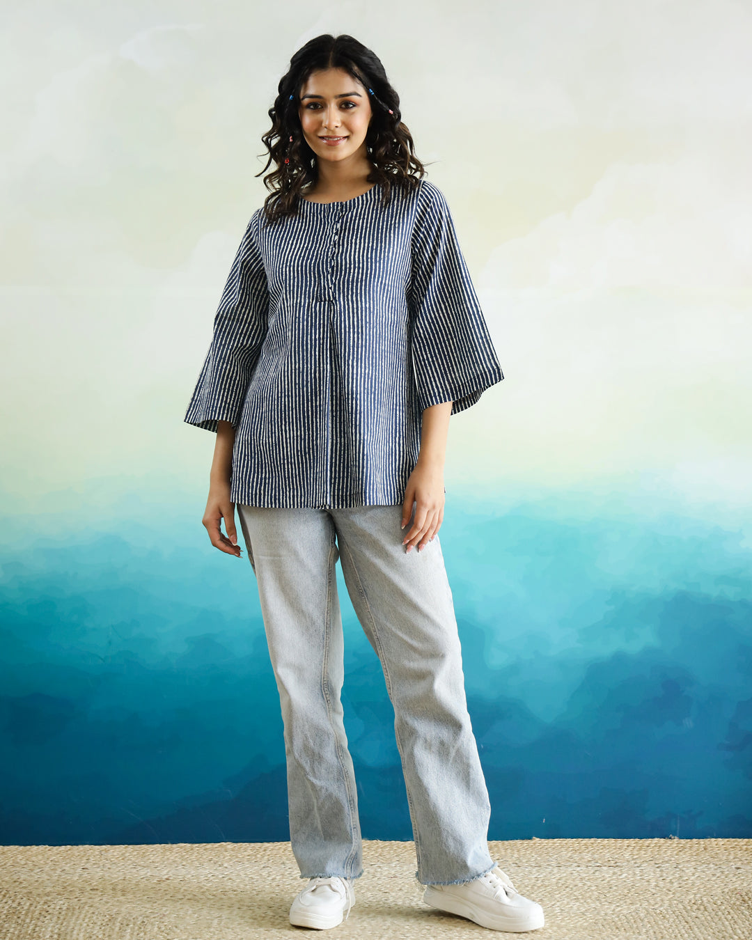 Striped 3D Print Cotton Top for Women