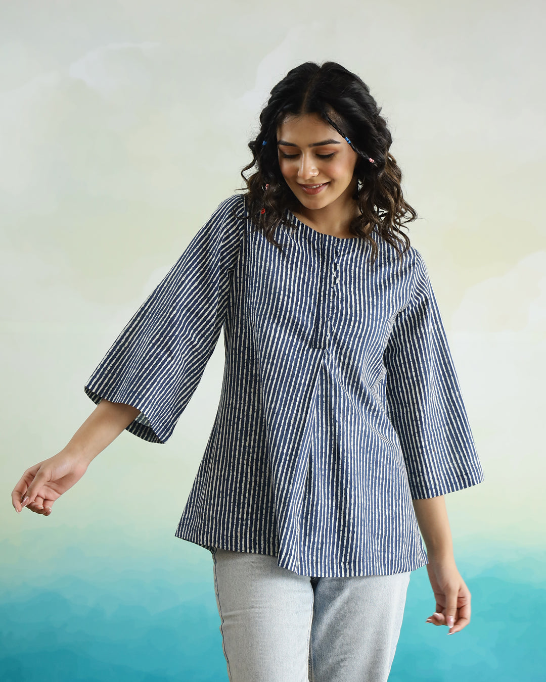 Striped 3D Print Cotton Top for Women