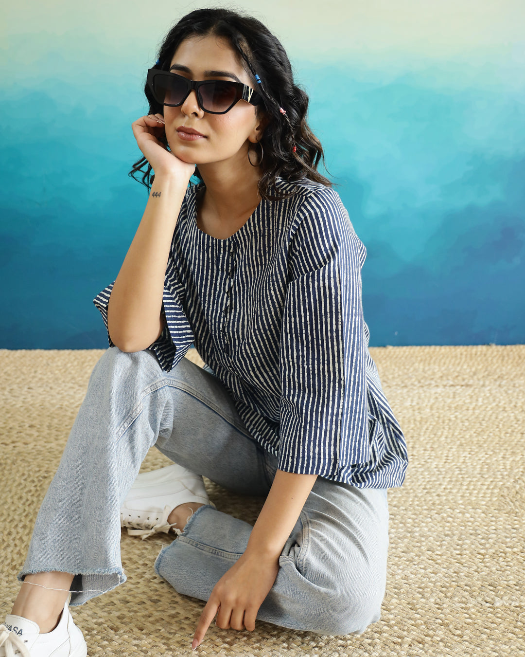 Striped 3D Print Cotton Top for Women