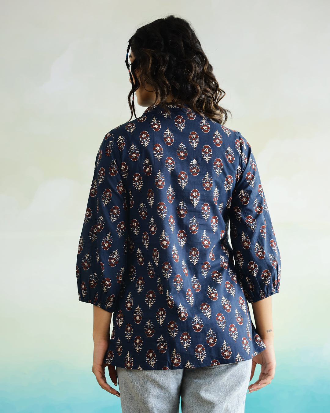 Blue Flower Printed Cotton Top for Women