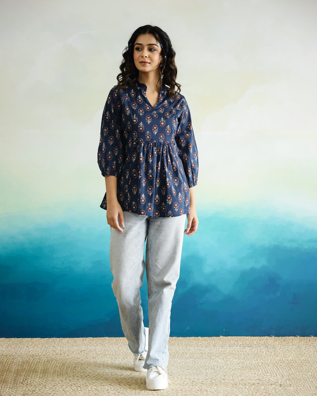 Blue Flower Printed Cotton Top for Women - SanskrutiHomes