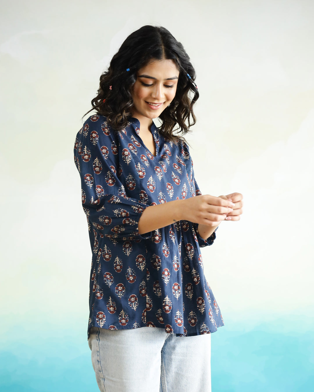 Blue Flower Printed Cotton Top for Women