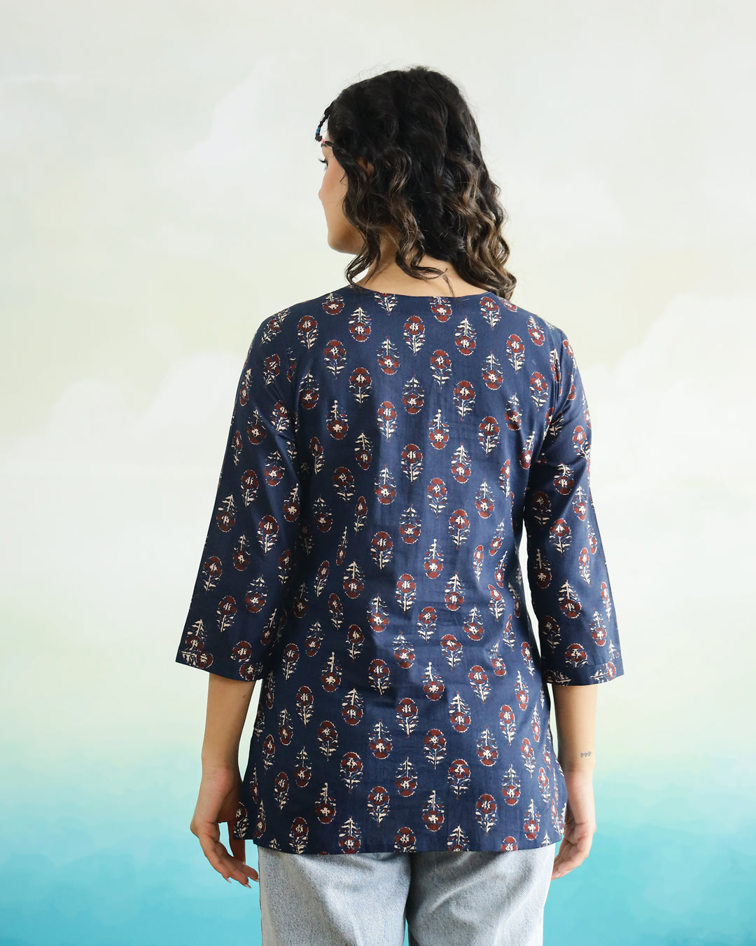 Blue Printed Cotton Top for Women